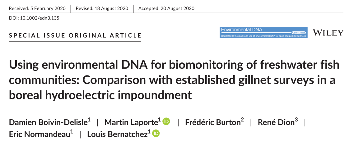 Environment DNA |使用环境DNA对淡水鱼类群落进行生物监测：与北方水电蓄水库中已建立的刺网调查的比较
